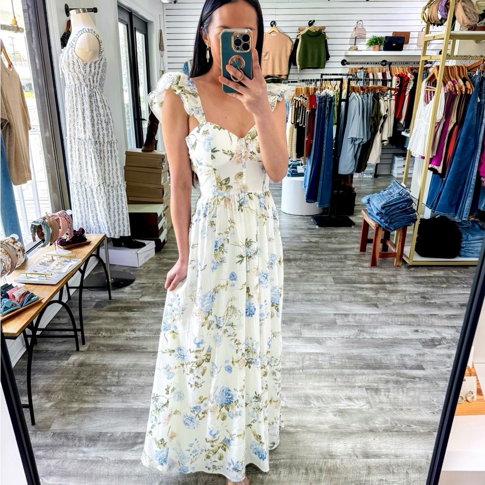 Floral Maxi Dress in Cream and Blue